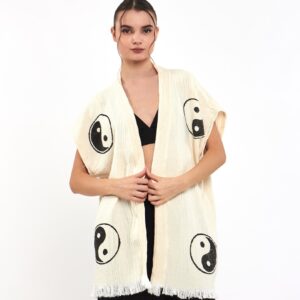 Pamuklu Müslin Beyaz Ying Yang Tunik Pantalon Kimono Takım