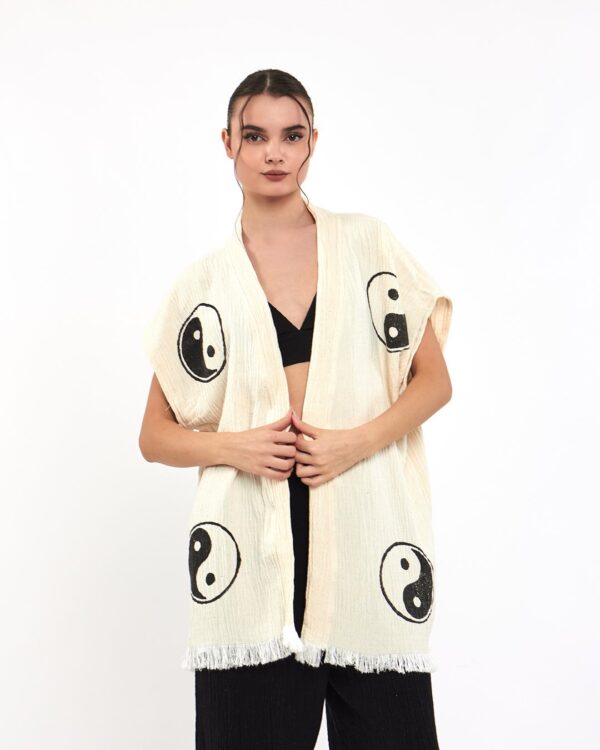 Pamuklu Müslin Beyaz Ying Yang Tunik Pantalon Kimono Takım