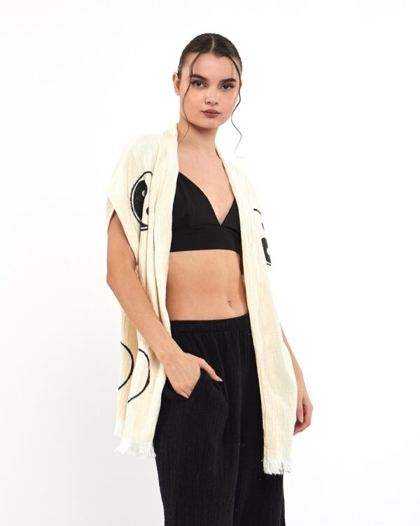 Pamuklu Müslin Beyaz Ying Yang Tunik Pantalon Kimono Takım - Görsel 2