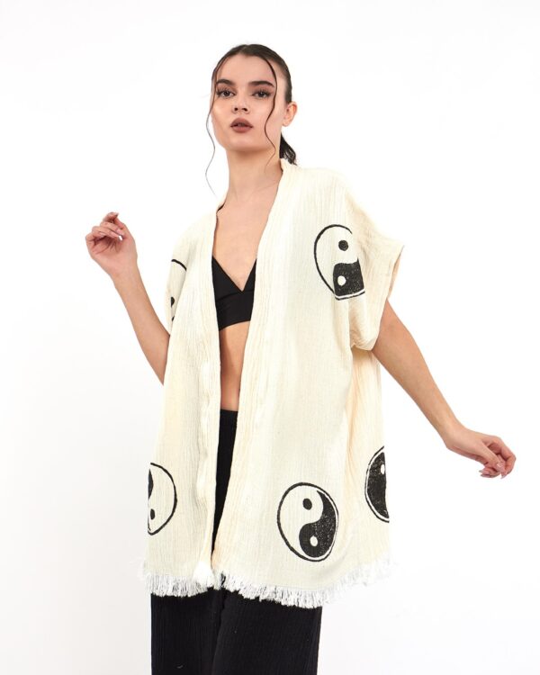 Pamuklu Müslin Beyaz Ying Yang Tunik Pantalon Kimono Takım - Görsel 3