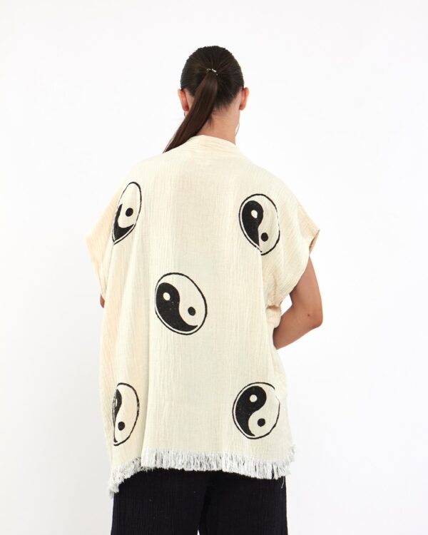 Pamuklu Müslin Beyaz Ying Yang Tunik Pantalon Kimono Takım - Görsel 4