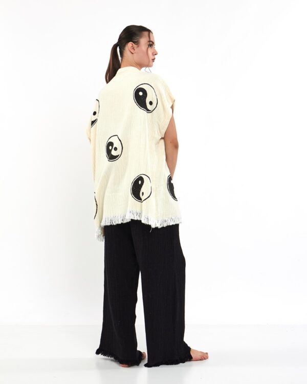Pamuklu Müslin Beyaz Ying Yang Tunik Pantalon Kimono Takım - Görsel 5