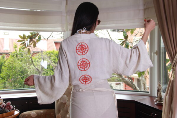 Pamuklu Müslin Krem Alt Üst Takım Kimono/Sabahlık/Bornoz - Görsel 4