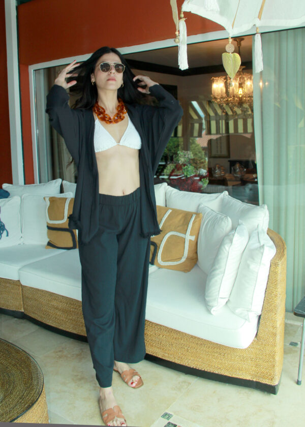 Pamuklu Müslin Gri Desenli Tunik Pantalon Kimono Takım - Görsel 3