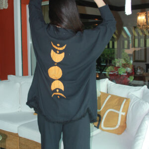 Pamuklu Müslin Gri Desenli Tunik Pantalon Kimono Takım