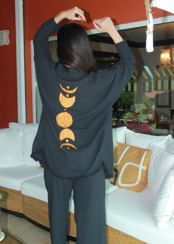 Pamuklu Müslin Gri Desenli Tunik Pantalon Kimono Takım
