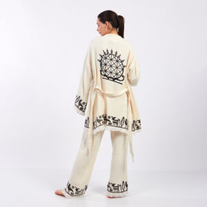 Pamuklu Müslin Beyaz Hitit Güneş Desenli Tunik Pantalon Kimono Takım