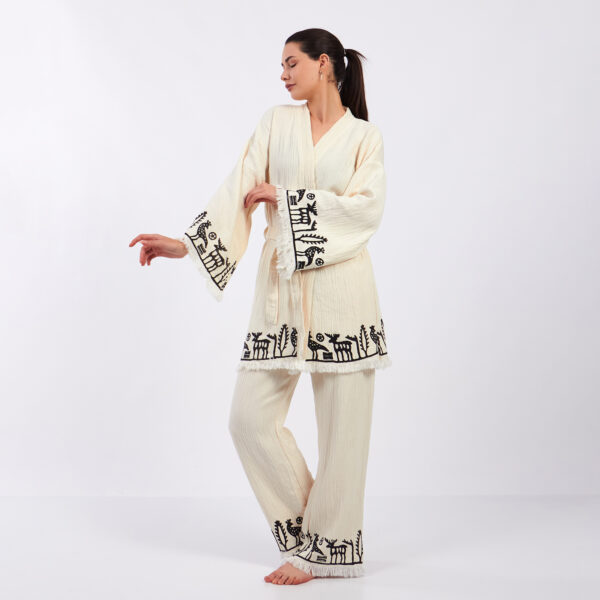 Pamuklu Müslin Beyaz Hitit Güneş Desenli Tunik Pantalon Kimono Takım - Görsel 6