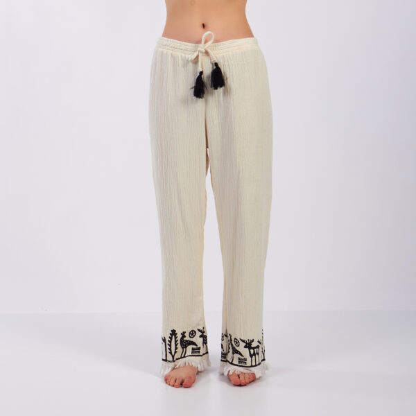 Pamuklu Müslin Beyaz Hitit Güneş Desenli Tunik Pantalon Kimono Takım - Görsel 4
