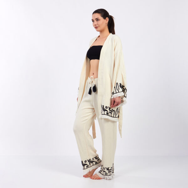Pamuklu Müslin Beyaz Hitit Güneş Desenli Tunik Pantalon Kimono Takım - Görsel 2
