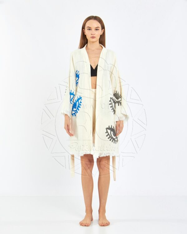 Pamuklu Müslin Beyaz Nazar Desenli Tunik Sort Kimono Takım - Görsel 4