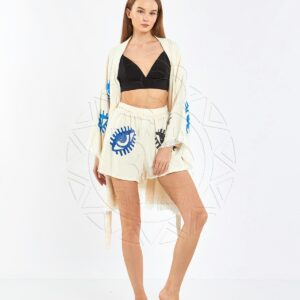 Pamuklu Müslin Beyaz Nazar Desenli Tunik Sort Kimono Takım