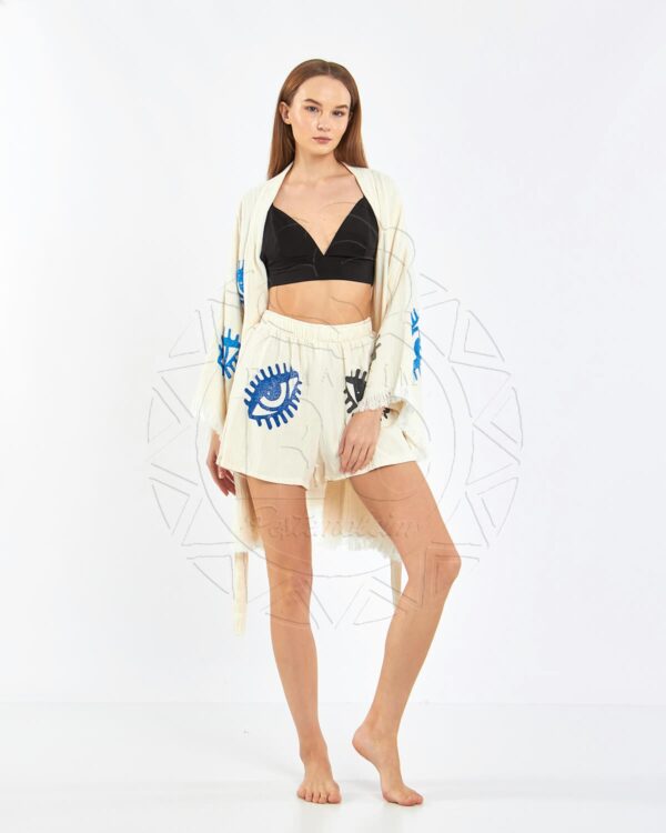 Pamuklu Müslin Beyaz Nazar Desenli Tunik Sort Kimono Takım