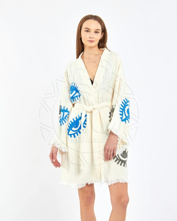 Pamuklu Müslin Beyaz Nazar Desenli Tunik Sort Kimono Takım - Görsel 2