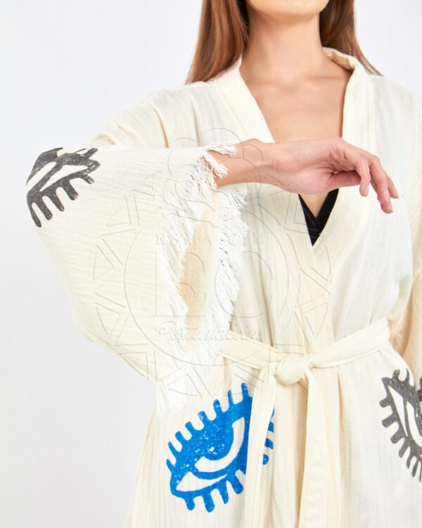 Pamuklu Müslin Beyaz Nazar Desenli Tunik Sort Kimono Takım - Görsel 6