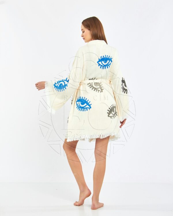 Pamuklu Müslin Beyaz Nazar Desenli Tunik Sort Kimono Takım - Görsel 7