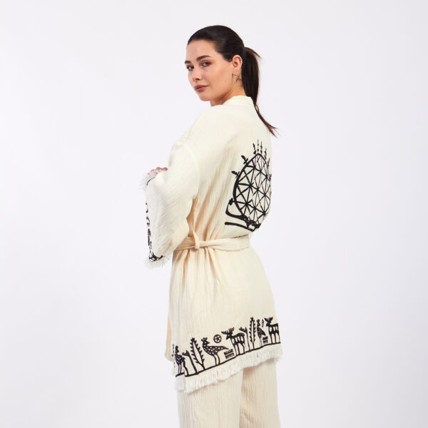 Pamuklu Müslin Beyaz Hitit Güneş Desenli Tunik Pantalon Kimono Takım - Görsel 5